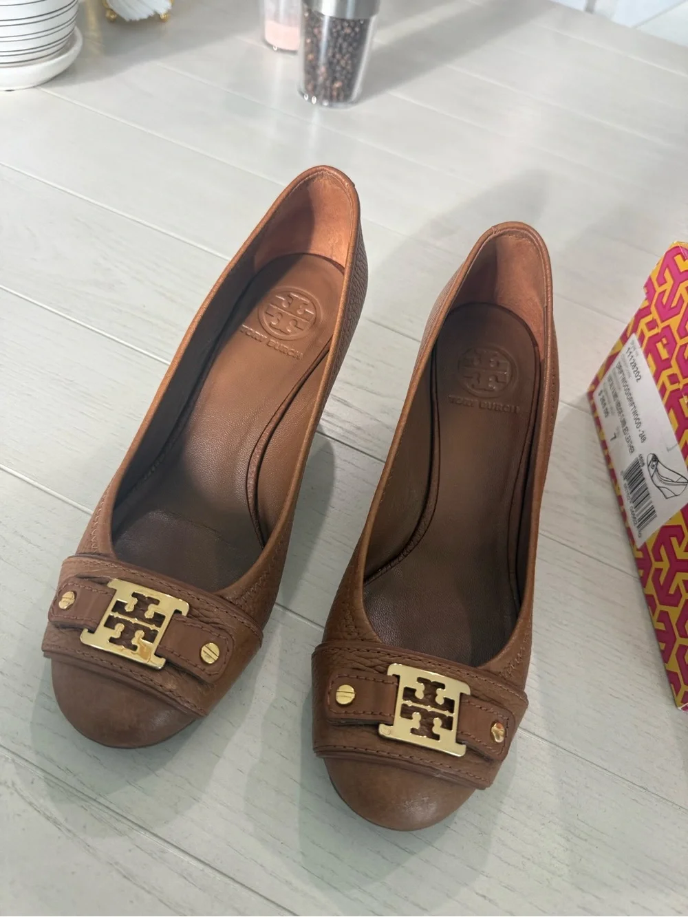 Tory Burch Tan Leather Logo Peep-Toe Wedges